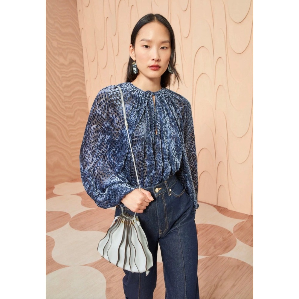 Ulla Johnson $520 Pauline Blouse Blue Silk Blend Velvet Devore Sleeve 10